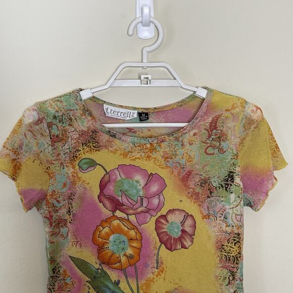 Vtg Yellow Colorful Sheer Mesh Flower Paisley Graphic Baby T Shirt Y2K Fairy M - Picture 2 of 9